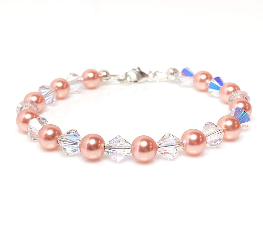 Image of Peach Pearl and Crystal Bracelet, Austrian Crystal and Pearls, Wedding Jewellery