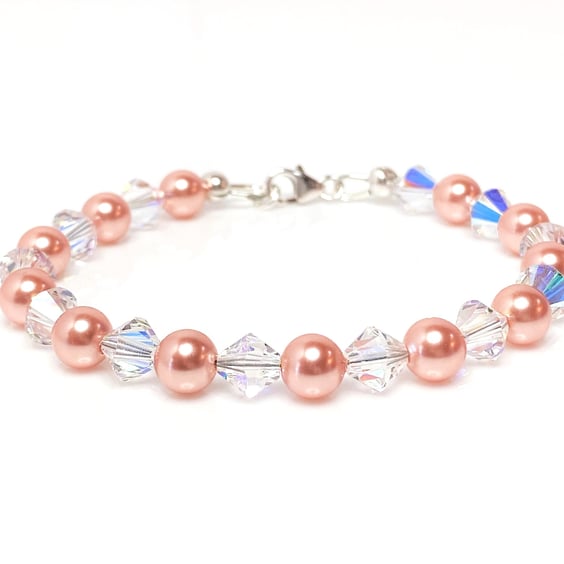 Peach Pearl and Crystal Bracelet, Austrian Crystal and Pearls, Wedding Jewellery