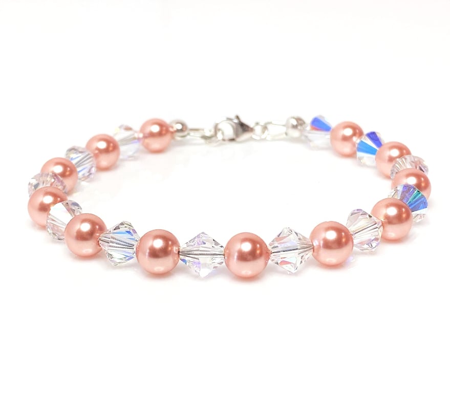 Peach Pearl and Crystal Bracelet, Austrian Crystal and Pearls, Wedding Jewellery