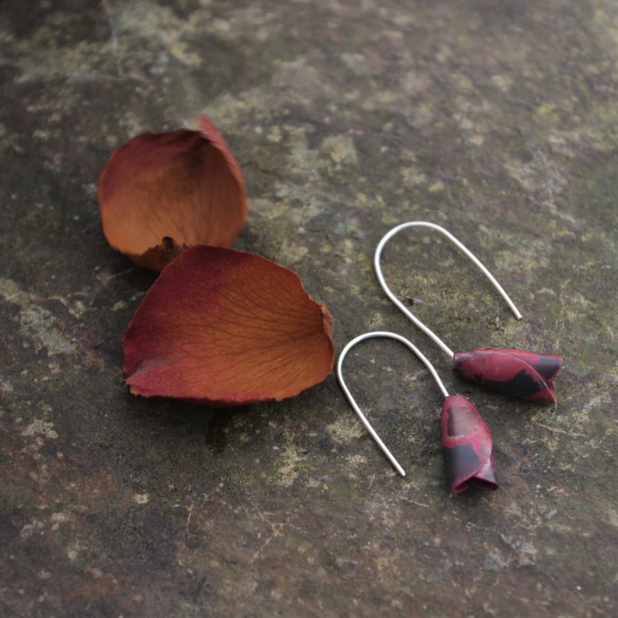 Copper Rosebud Long Dangle Earrings