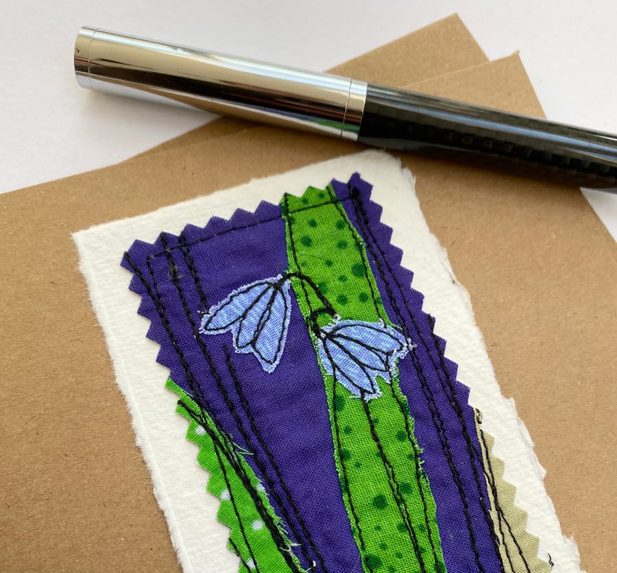 Up-cycled embroidered harebell flower garden card. 