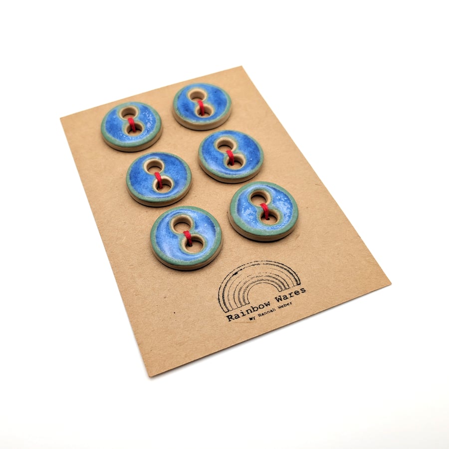 Set of 6 Handmade Round Pottery, Ceramic Buttons, Blue-Green, Medium, 32 mm