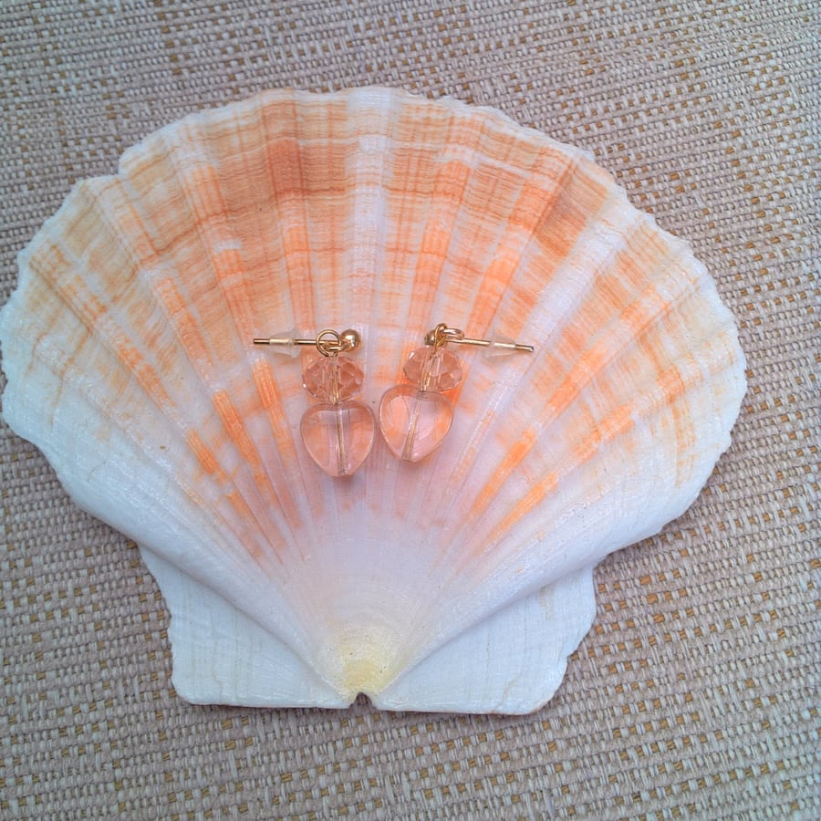 Pale Pink Heart and Crystal Stud Earrings, Gift for Her, Pink Heart Earrings