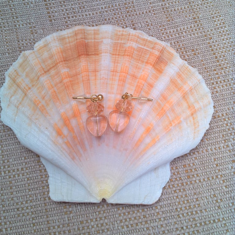 Pale Pink Heart and Crystal Stud Earrings, Gift for Her, Pink Heart Earrings