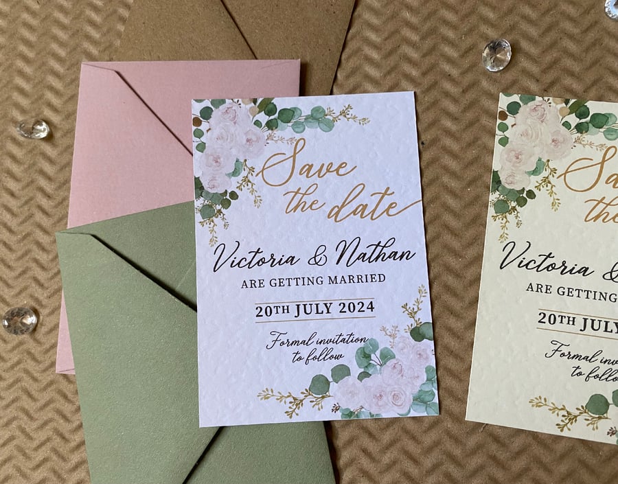 10 SAVE the DATE luxury Blush pink roses eucalyptus wedding invitations invites