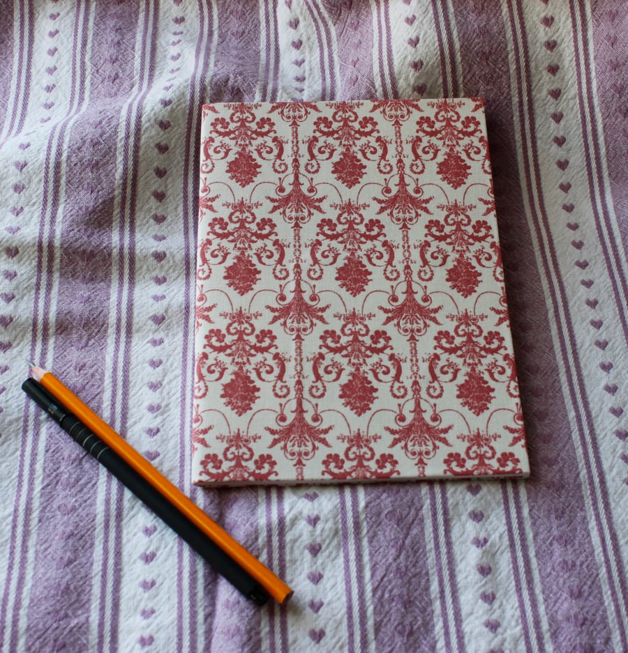 Fabric covered notebook or sketch pad - cream with swirls and swags