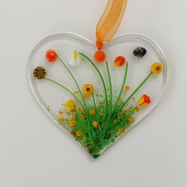 Fused glass floral heart suncatcher hanging decoration