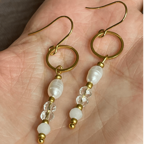 Beaded freshwater pearl and brass earrings, brass jewellery