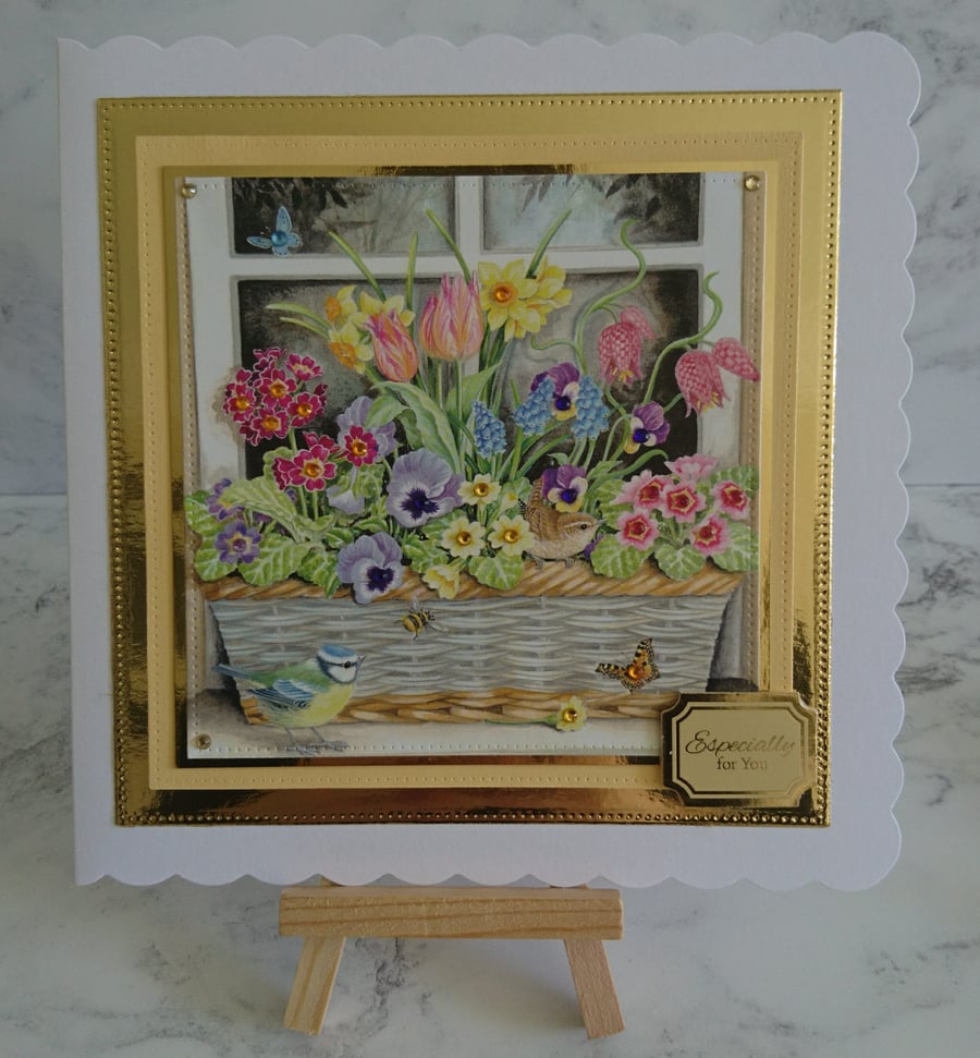 3D Luxury Handmade Card Window Box Basket of Flowers Blue Tit Especially for You