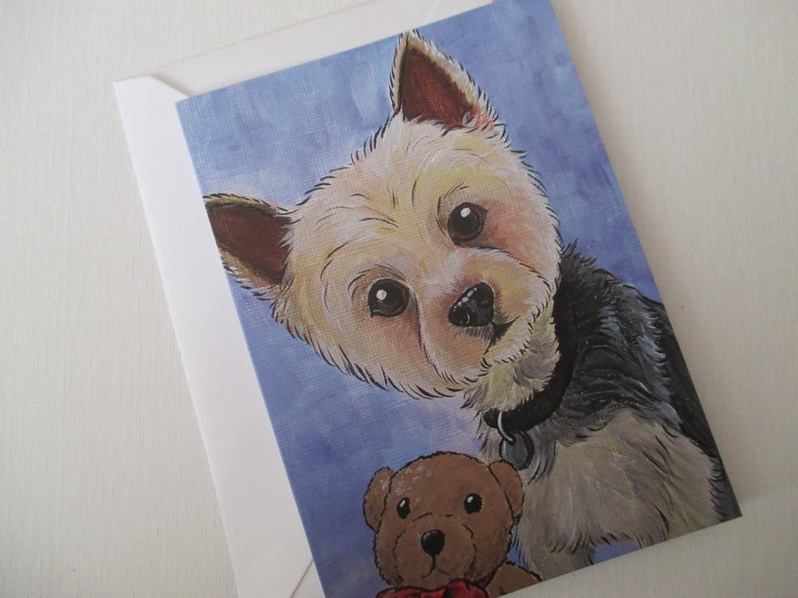 Yorkshire Terrier Dog Blank Greetings Card Print from Original Painting Blue