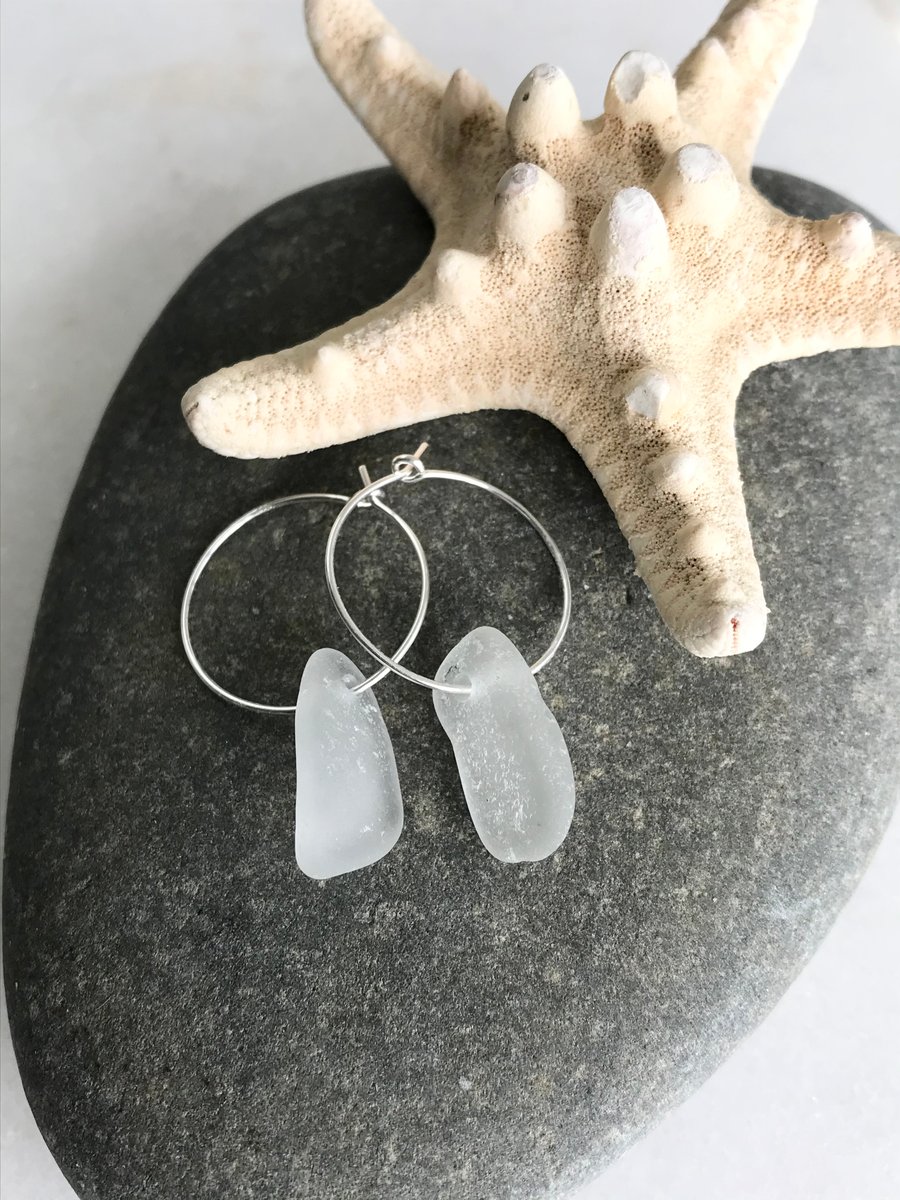 White Devon Sea Glass & Sterling Silver Hoop Earrings, Eco Earrings, Sustainable