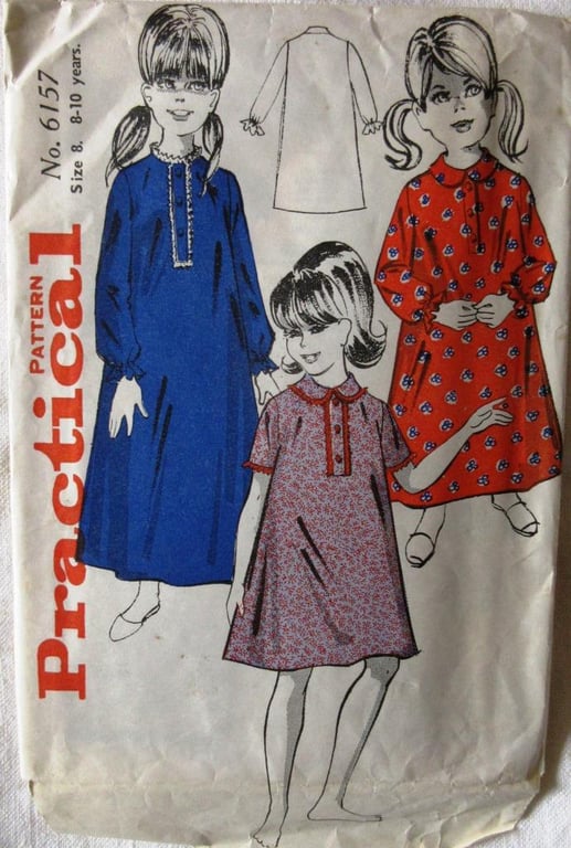 A vintage sewing pattern for a girl's long or short nightdress in size 8