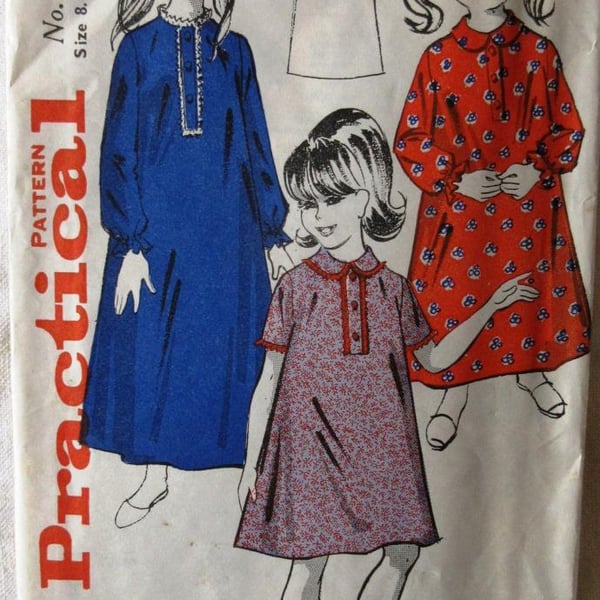 A vintage sewing pattern for a girl's long or short nightdress in size 8