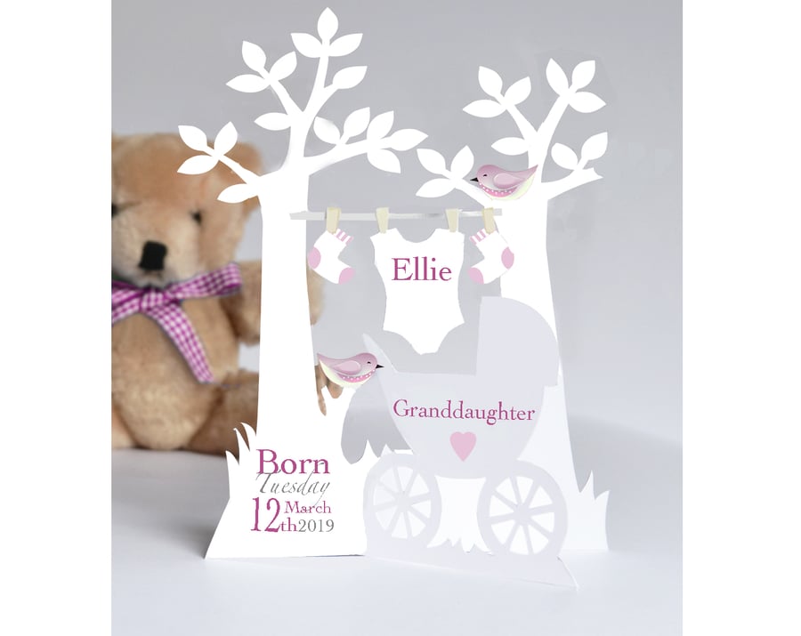 Personalised New Baby 3d Paper cut Card for a  Daughter,Son Grandson etc