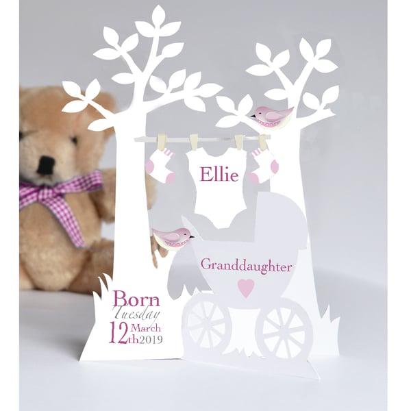 Personalised New Baby 3d Paper cut Card for a  Daughter,Son Grandson etc