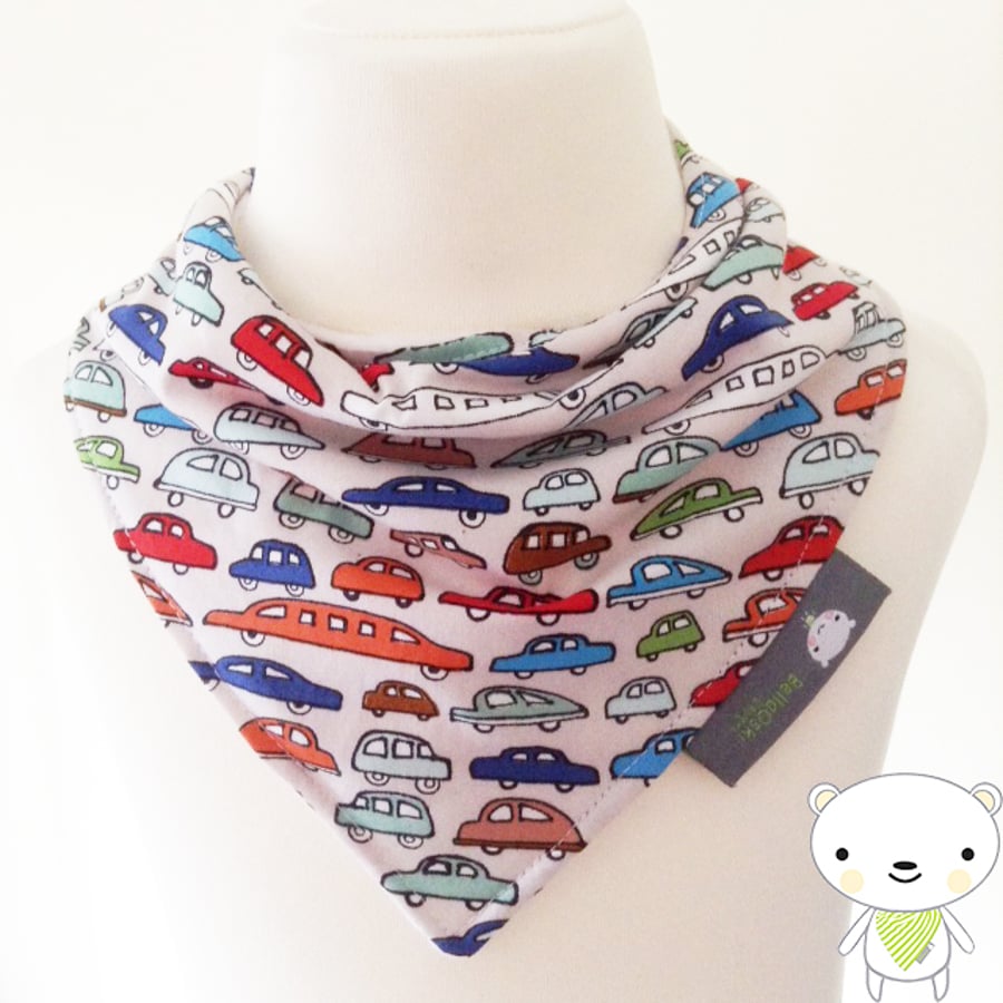 BellaOski BANDANA DRIBBLE BIB MULTI CARS on Beige Fabric HANDMADE BABY GIFT IDEA