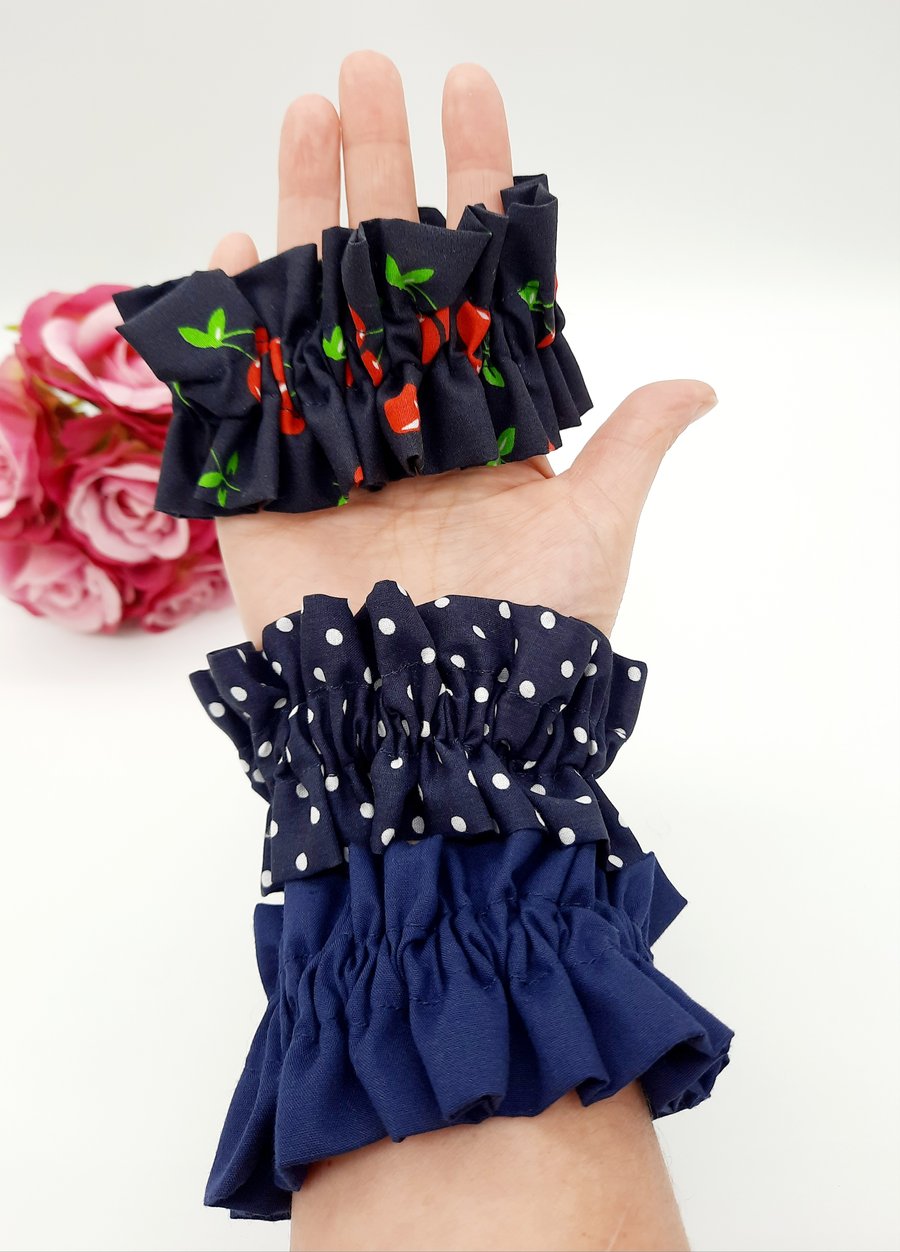 Ruffled scrunchies set of 3, navy, navy polkadot and navy cherry cotton.  