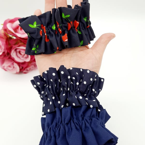 Ruffled scrunchies set of 3, navy, navy polkadot and navy cherry cotton.  