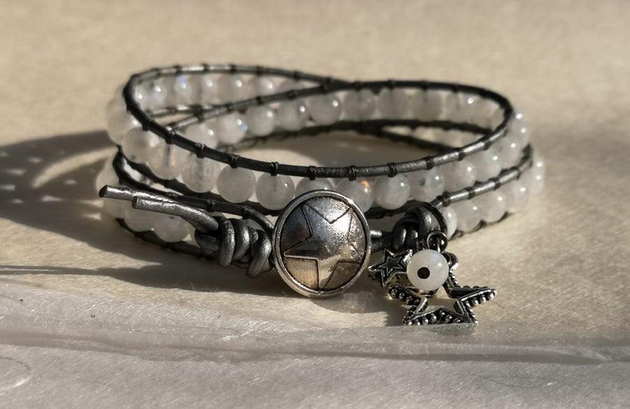 Moonstone semi precious bead and leather double wrap bracelet 