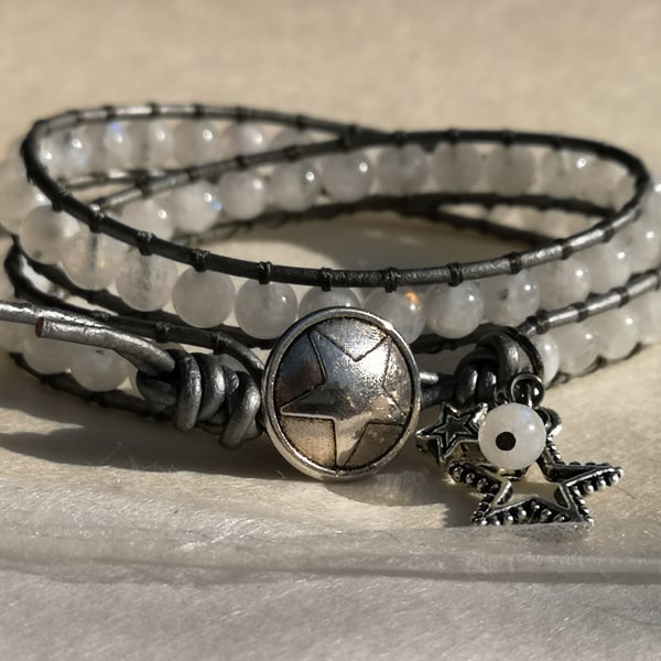 Moonstone semi precious bead and leather double wrap bracelet 