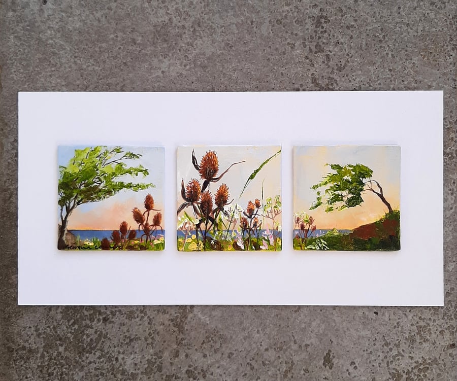 Shoreline Triptych. Painting Three  Landscapes Seedheads Trees