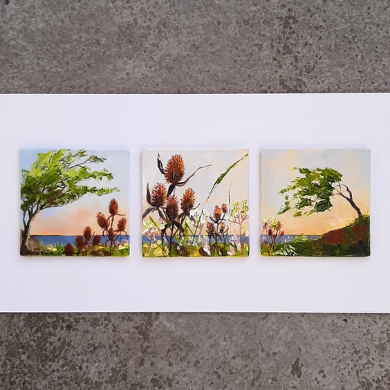 Shoreline Triptych. Painting Three  Landscapes Seedheads Trees