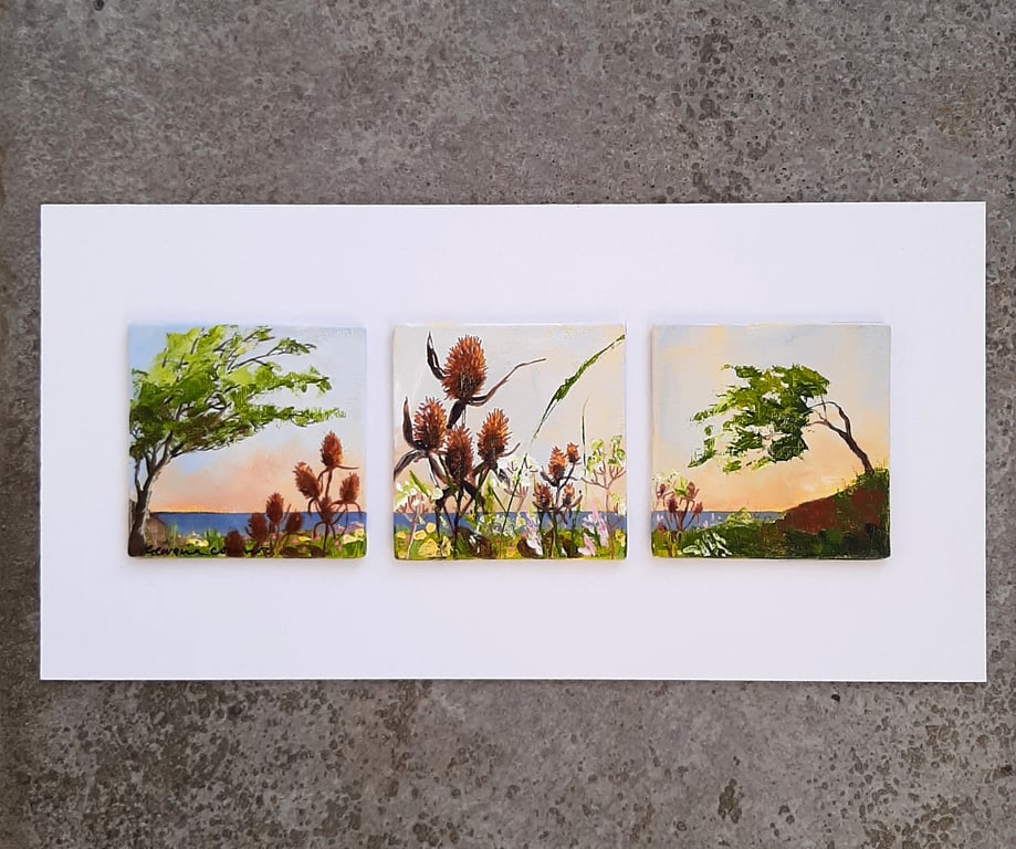 Shoreline Triptych. Painting Three  Landscapes Seedheads Trees