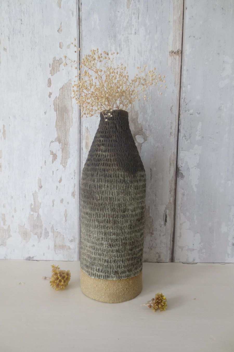 BOTTLE VASE hand-built stoneware pottery carved bottle in ash grey and green