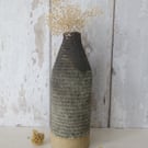 BOTTLE VASE hand-built stoneware pottery carved bottle in ash grey and green