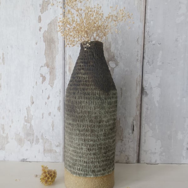 BOTTLE VASE hand-built stoneware pottery carved bottle in ash grey and green