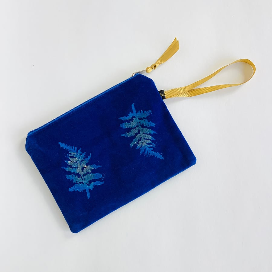 Cobalt Blue Fern velvet zip-up pouch 