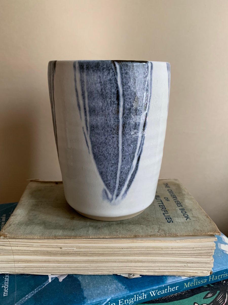 White Beaker with Blue Leaf Decoration, Tumbler, Cup