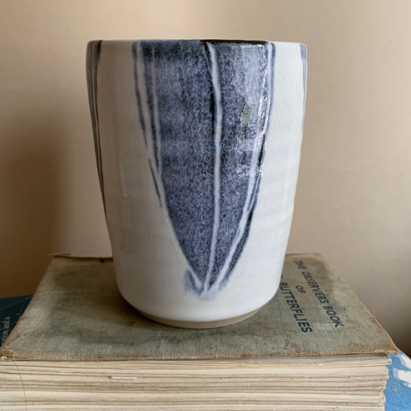 White Beaker with Blue Leaf Decoration, Tumbler, Cup