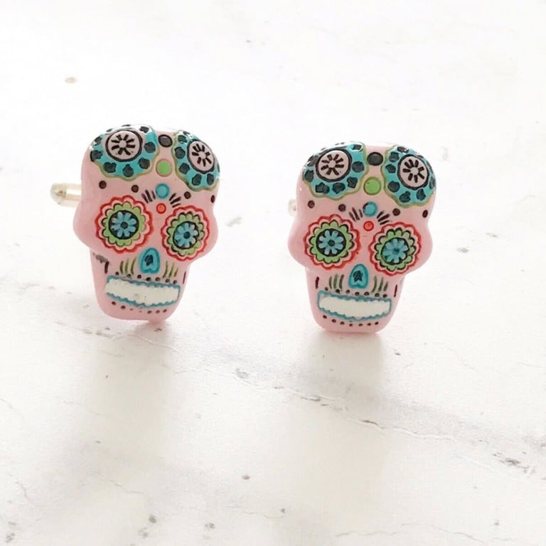 Pink Day of the Dead Sugar Skull Cufflinks 