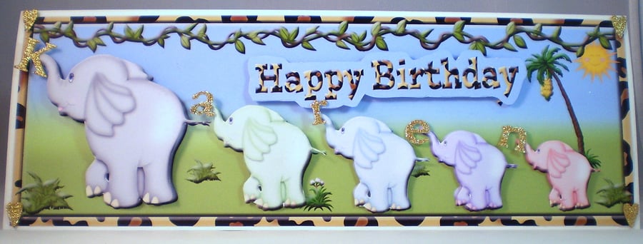 Personalised Elephants Birthday Card,Handmade,3D