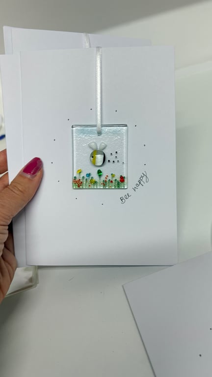 Fused glass keepsake bee happy card