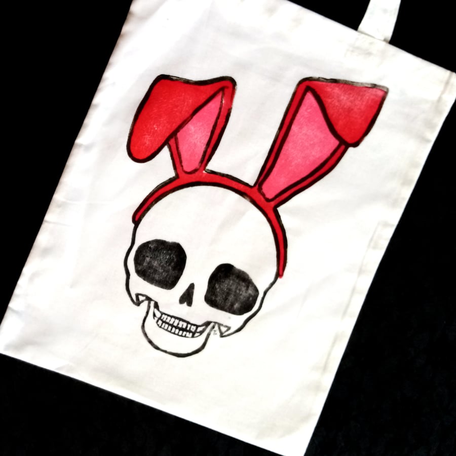 Skullbunny Kawaii Pullip Skull small tote bag, handprinted 3 colour cotton bag