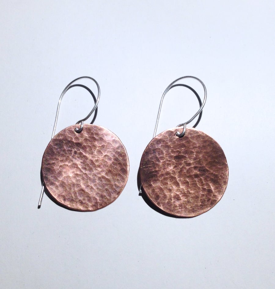 Hammered Antiqued Copper Disc Earrings - UK Free Post