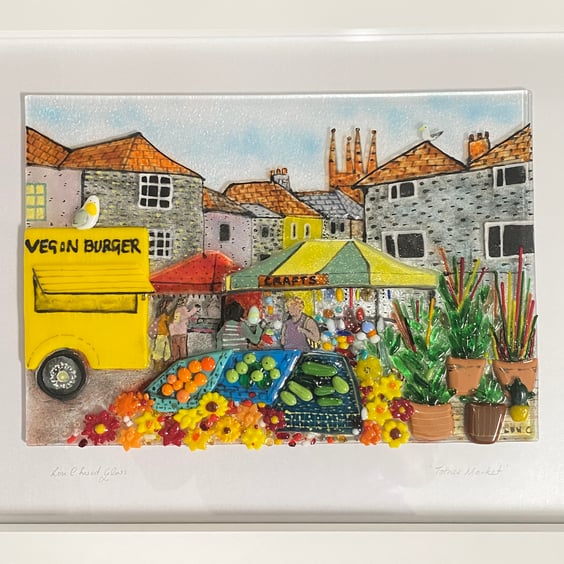 TOTNES MARKET - 3 d  fused glass framed picture 