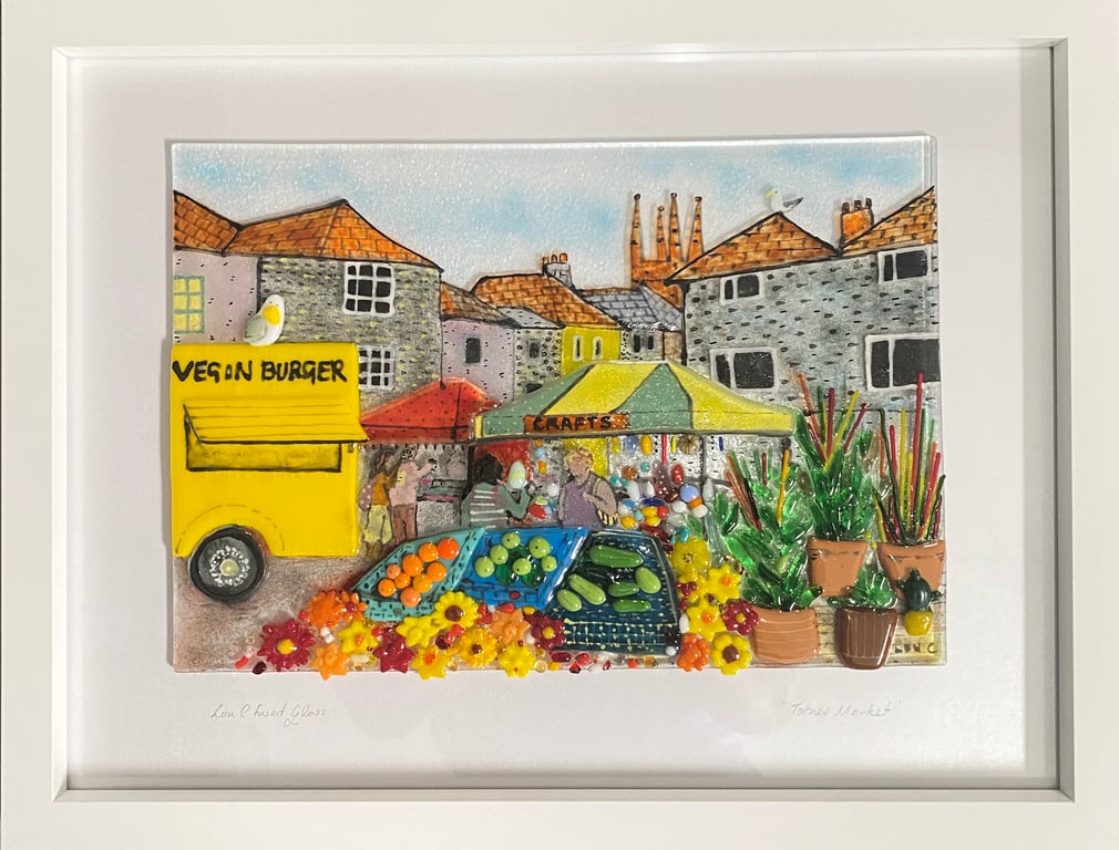 TOTNES MARKET - 3 d  fused glass framed picture 