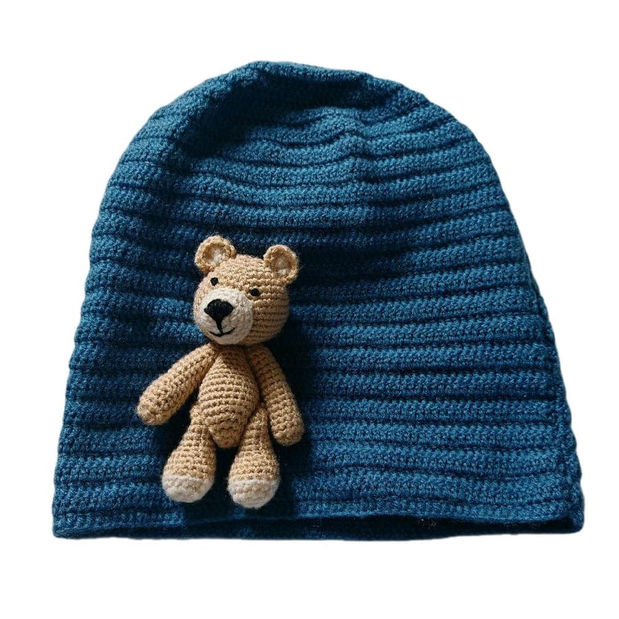 Handmade Crochet Teddy Bear Beanie - Women's Slouchy Blue Hat