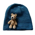 Handmade Crochet Teddy Bear Beanie - Women's Slouchy Blue Hat