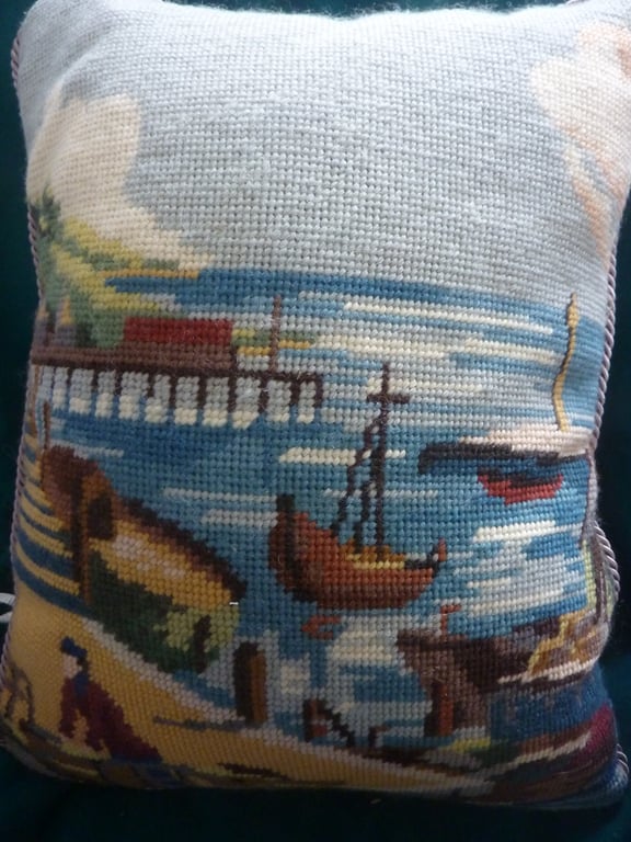 Hand Sewn Wool Tapestry Cushion Fishing Boats Fisherman Piped Edge 11X14inches