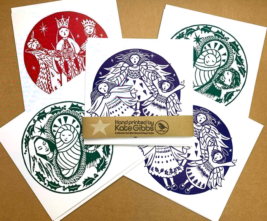 5 pack of mixed handprinted Christmas Cards - Nativity