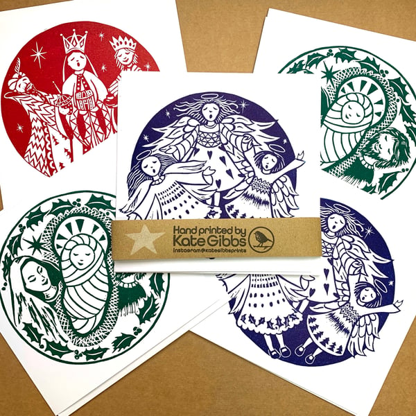 5 pack of mixed handprinted Christmas Cards - Nativity