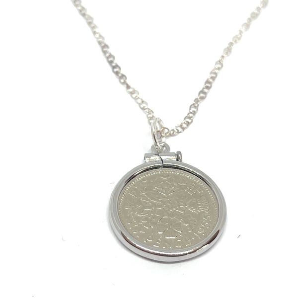 1955 70th Birthday Anniversary sixpence coin pendant plus 18inch SS chain gift, 