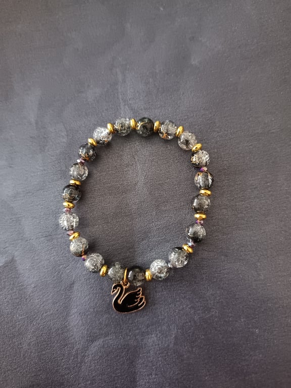 Elasticated beaded black swan charm bracelet 