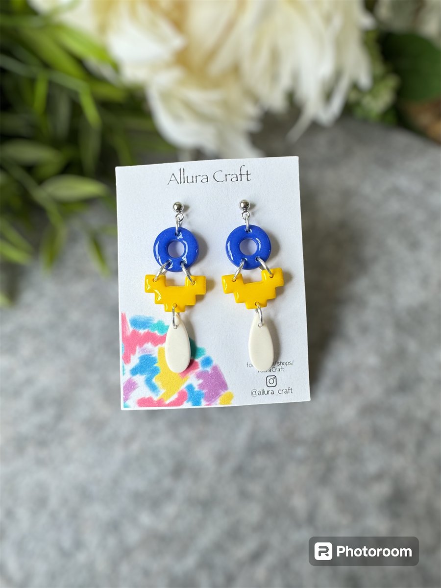 Blue Yellow White Aztec Hint Earrings
