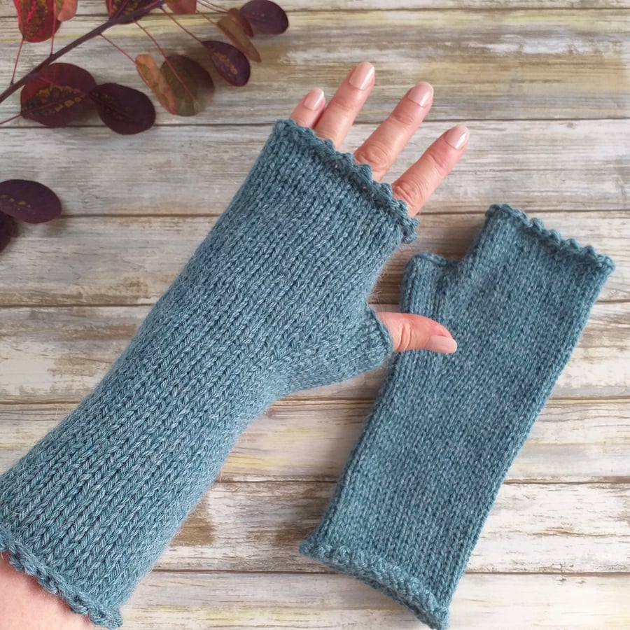 Knitted Fingerless Gloves, Alpaca & Wool Mix Yarn, Sea Blue Wrist Warmers