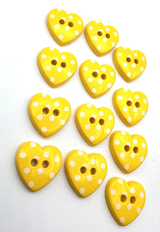 12 Heart Buttons, 15mm Wide, White Polka Dots on Yellow, Flat Back